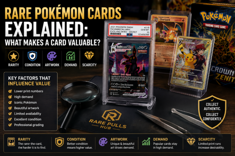 A complete collector guide with rare Pokémon cards explained featuring high-value graded cards inside a secure showcase vault