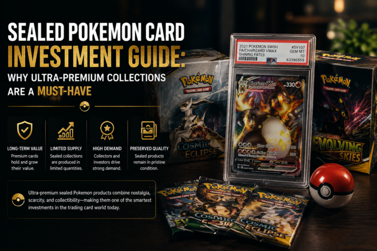 A factory-sealed Pokemon card investment Ultra-Premium Collection box stored safely in a collection vault.