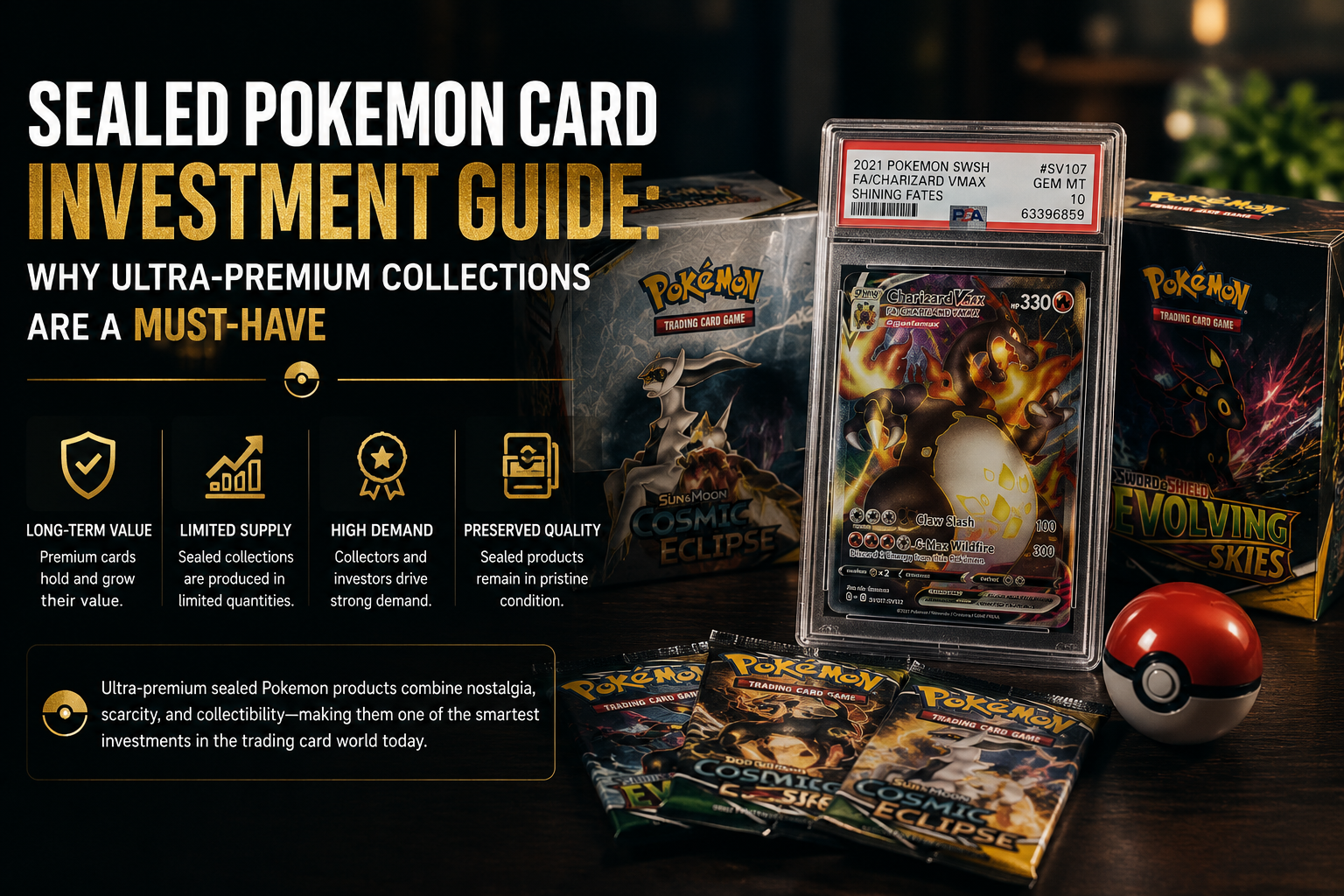 A factory-sealed Pokemon card investment Ultra-Premium Collection box stored safely in a collection vault.