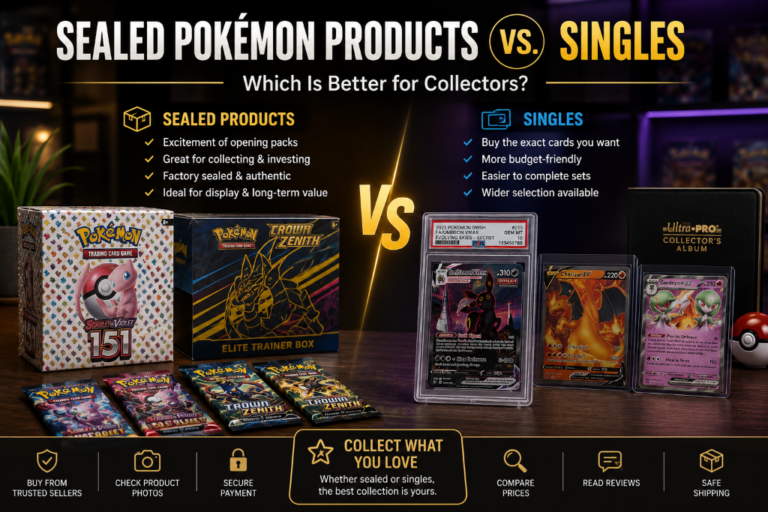 A comprehensive comparison guide of sealed Pokémon products vs. singles inside a luxury collection vault