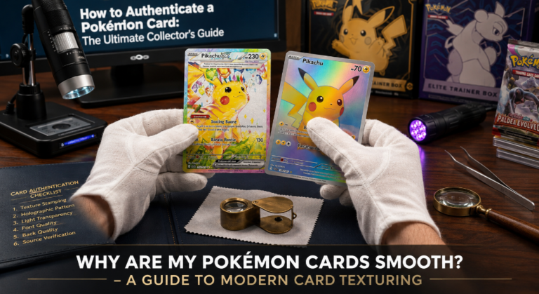 An in-depth collector guide explaining why are my Pokémon cards smooth by demonstrating how to check micro-grooves and texturing under a light source