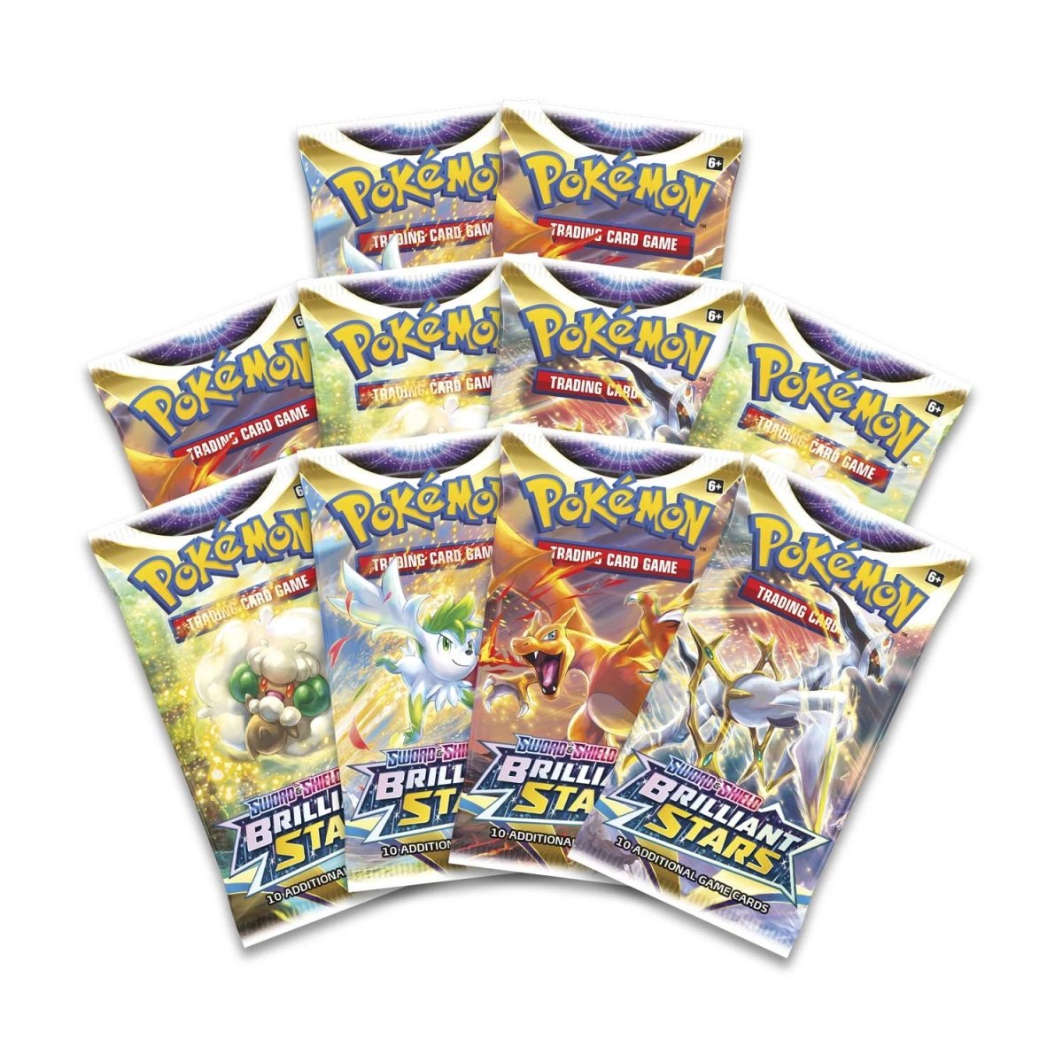 10 Brilliant Stars Pokemon Center booster packs spread out