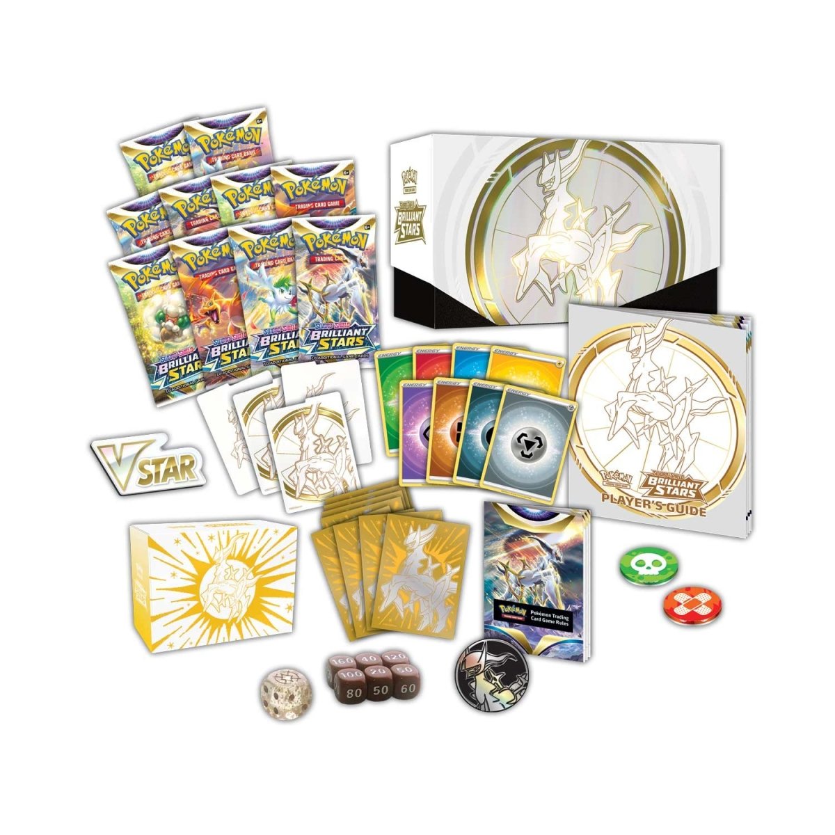 Brilliant Stars Pokemon Center ETB layout showing booster packs, dice, and deck box