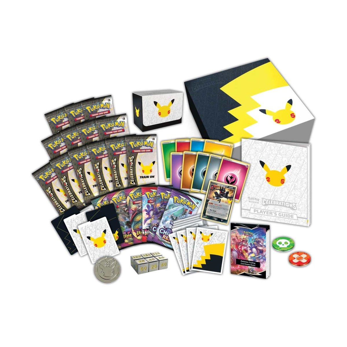 Celebrations Pokemon Center Elite Trainer Box open contents including booster packs and metal coin