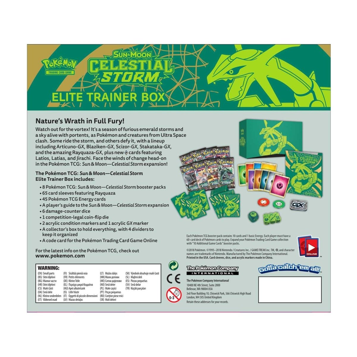 Back packaging view of Celestial Storm Elite Trainer Box showing box contents