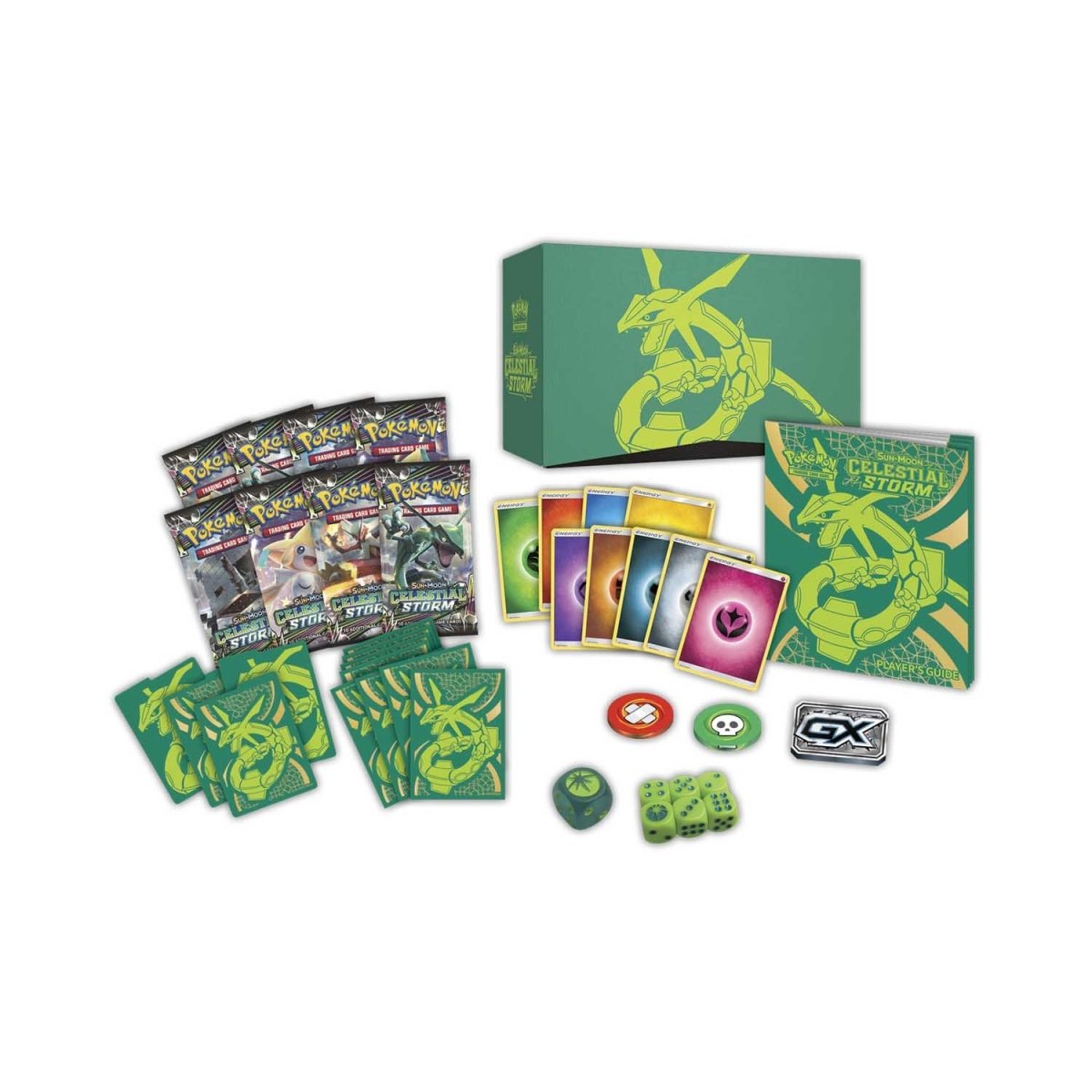 Celestial Storm Elite Trainer Box layout showing booster packs, dice, and energy cards