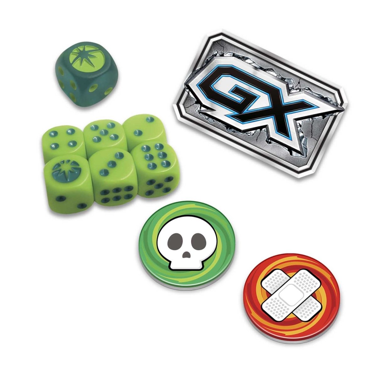 Green damage counter dice, acrylic GX marker, and condition markers