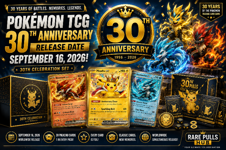 Pokémon 30th Anniversary set release date poster featuring Pikachu and 30th Celebration products