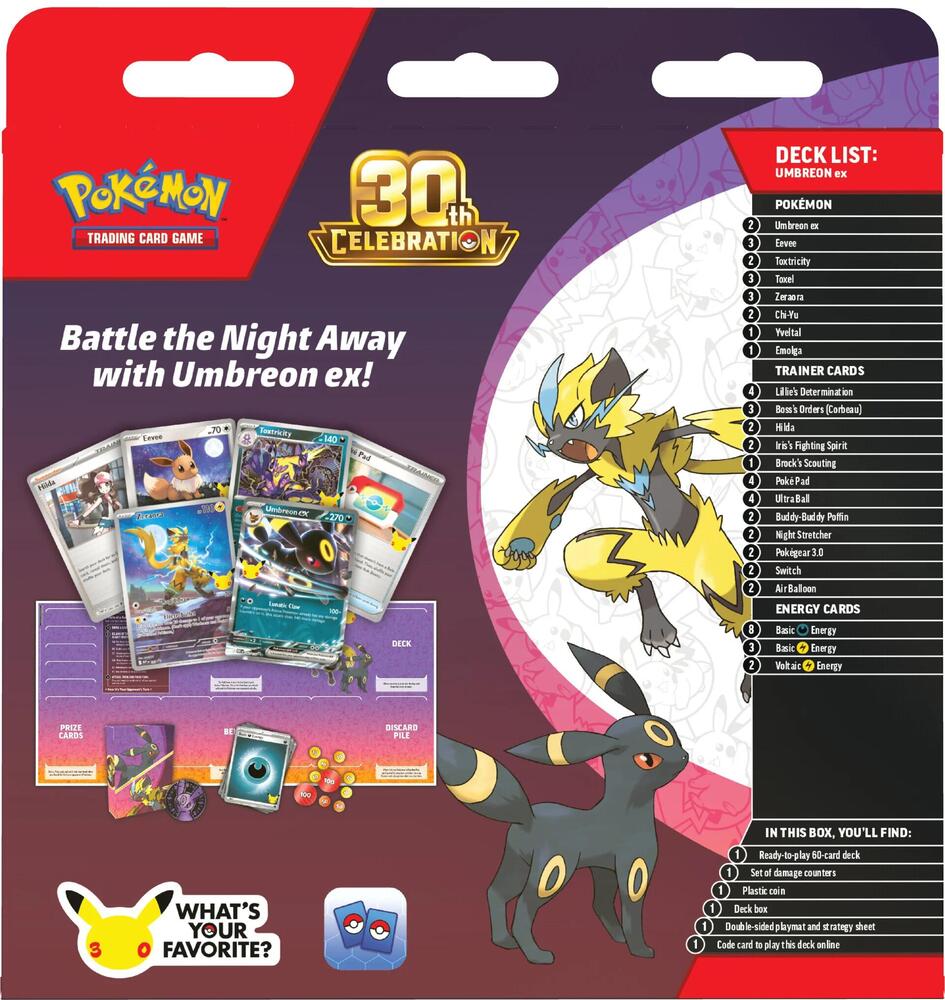 Back packaging view of 30th celebration battle deck umbreon ex detailing included play accessories and barcode