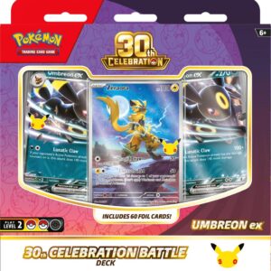 30th celebration battle deck umbreon ex factory sealed packaging displaying umbreon ex and zeraora foil cards
