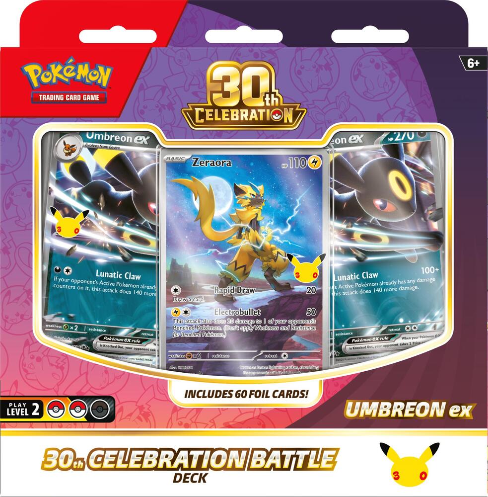 30th celebration battle deck umbreon ex factory sealed packaging displaying umbreon ex and zeraora foil cards