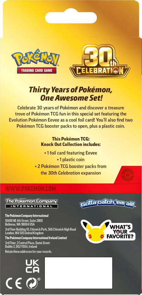 Back packaging view of Pokémon TCG 30th Celebration Knock Out Collection detailing Eevee card and contents
