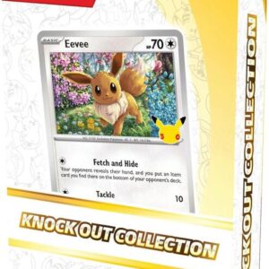 Pokémon TCG 30th Celebration Knock Out Collection box featuring Eevee foil promo card and Pikachu logo on yellow packaging