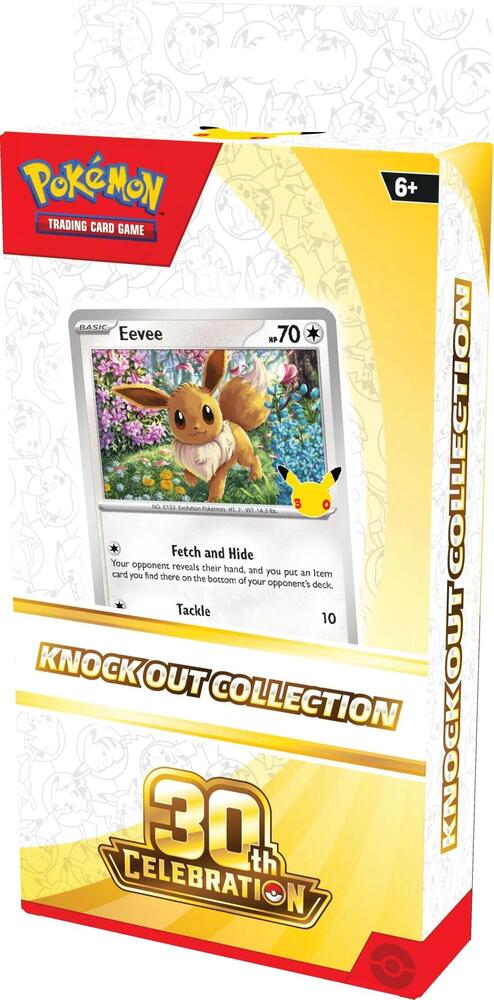 Pokémon TCG 30th Celebration Knock Out Collection box featuring Eevee foil promo card and Pikachu logo on yellow packaging
