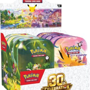30th celebration mini tin display box factory sealed containing 10 colorful pokemon mini tins