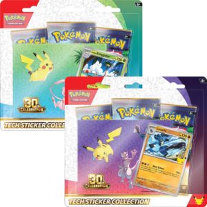 30th celebration tech sticker collection set of 2 blister packs featuring alolan exeggutor and lucario promo cards