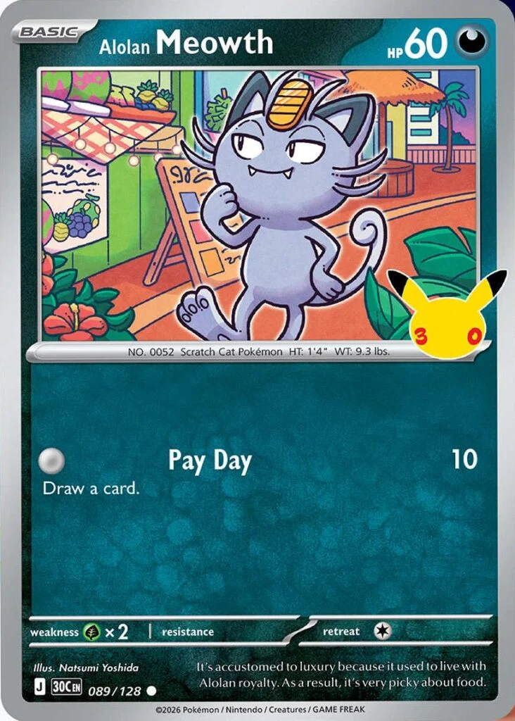 Pokémon TCG 30th Celebration Alolan Meowth card 074/128 featuring Pay Day attack