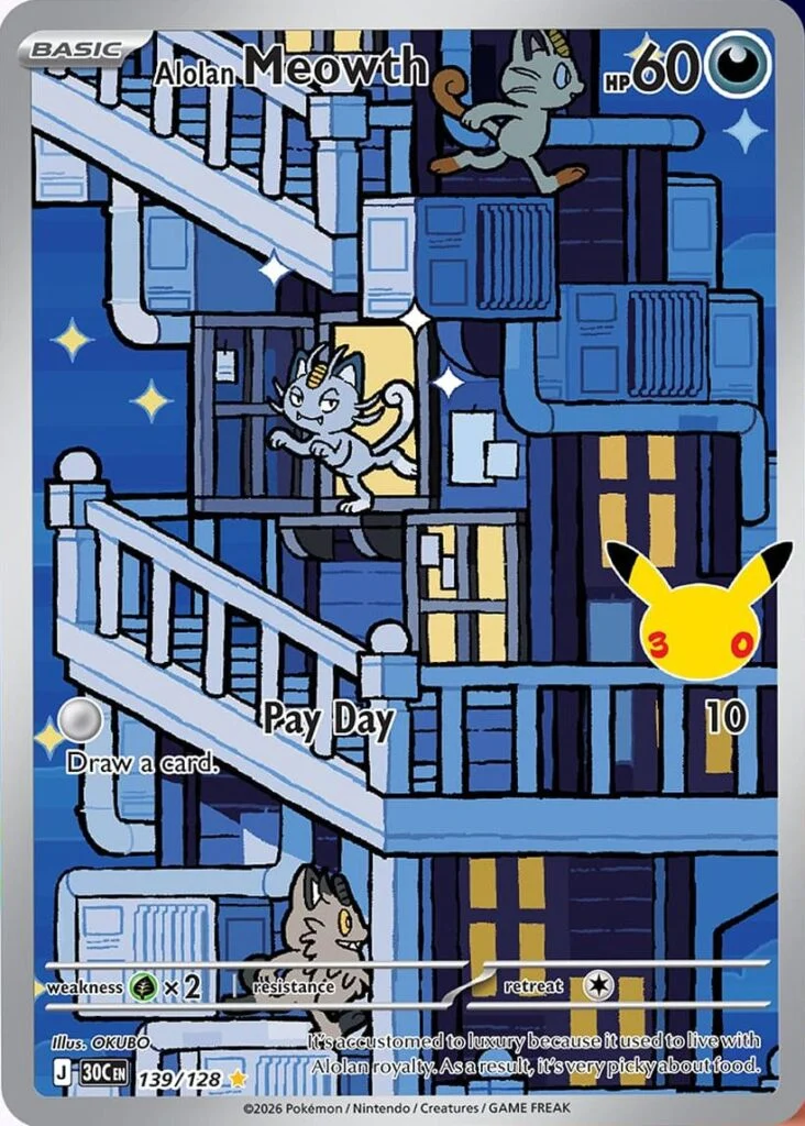 Pokémon TCG 30th Celebration Alolan Meowth card 075/128 illustration rare featuring Pay Day on a night fire escape