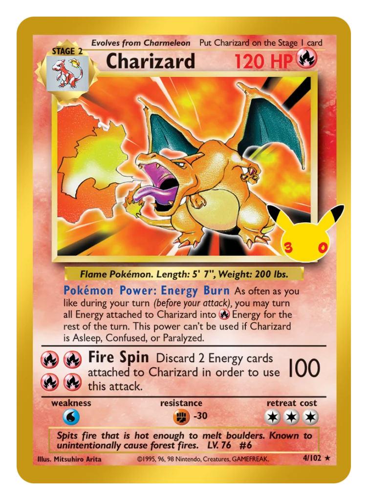 Pokémon TCG 30th Celebration Charizard Base Set reprint card 4/102 featuring Energy Burn power and Fire Spin attack