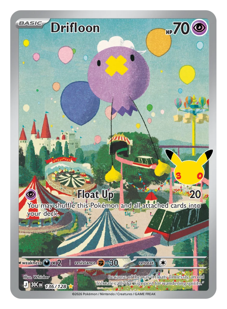 Pokémon TCG 30th Celebration Drifloon card 061/128 illustration rare featuring Float Up at an amusement park