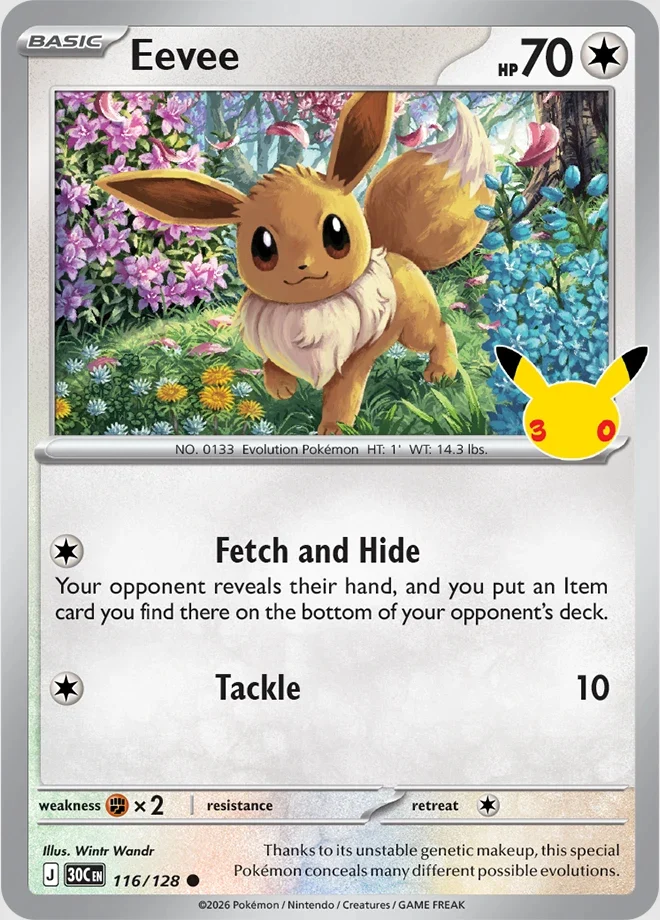 Pokémon TCG 30th Celebration Eevee card 116/128 featuring Fetch and Hide and Tackle attacks