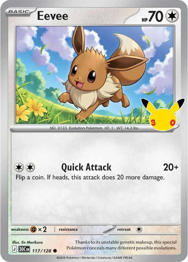 Pokémon TCG 30th Celebration Eevee card 117/128 featuring Quick Attack running in a grassy field
