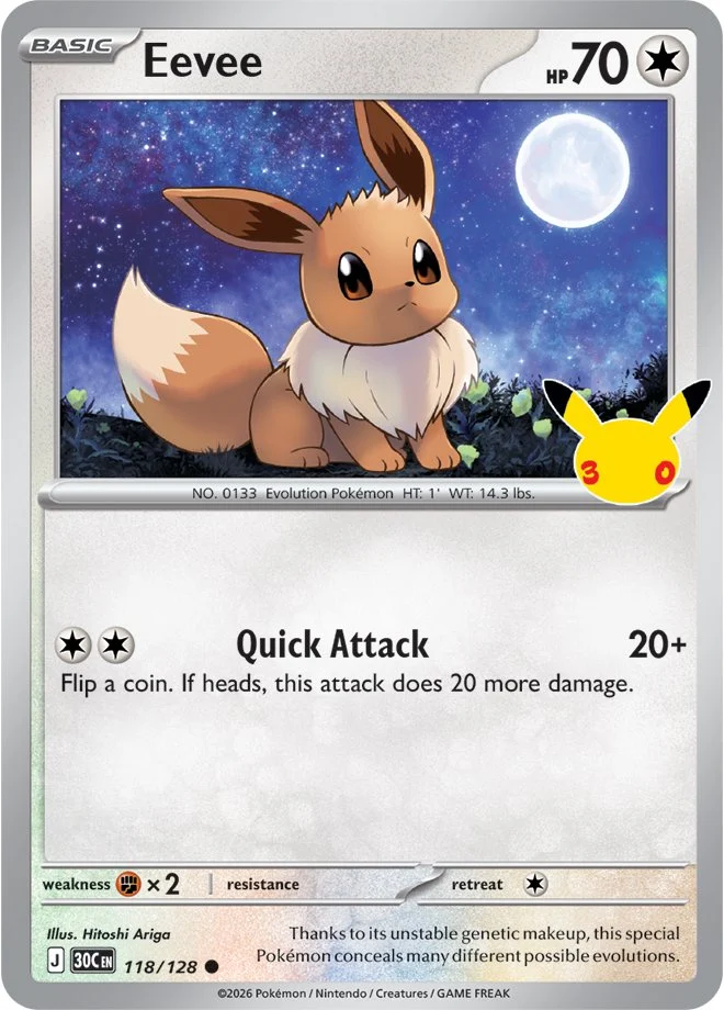 Pokémon TCG 30th Celebration Eevee card 118/128 featuring Quick Attack under a full moon