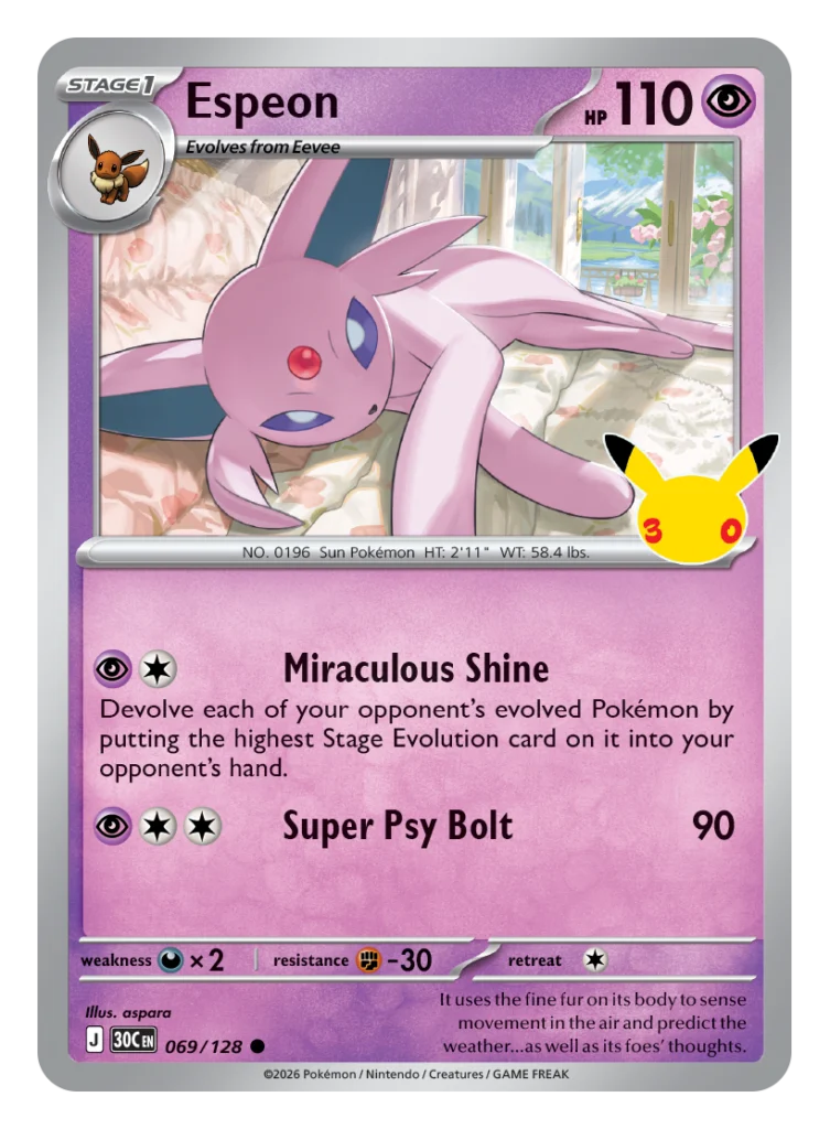 Pokémon TCG 30th Celebration Espeon card 069/128 featuring Miraculous Shine attack illustrated by aspara