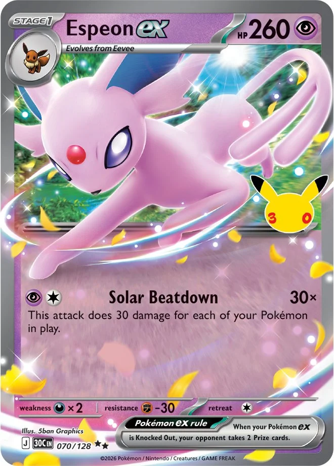 Pokémon TCG 30th Celebration Espeon ex card 070/128 featuring Solar Beatdown attack illustrated by 5ban Graphics