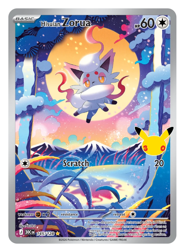 Pokémon TCG 30th Celebration Hisuian Zorua card 089/128 illustration rare featuring Scratch attack under a full moon