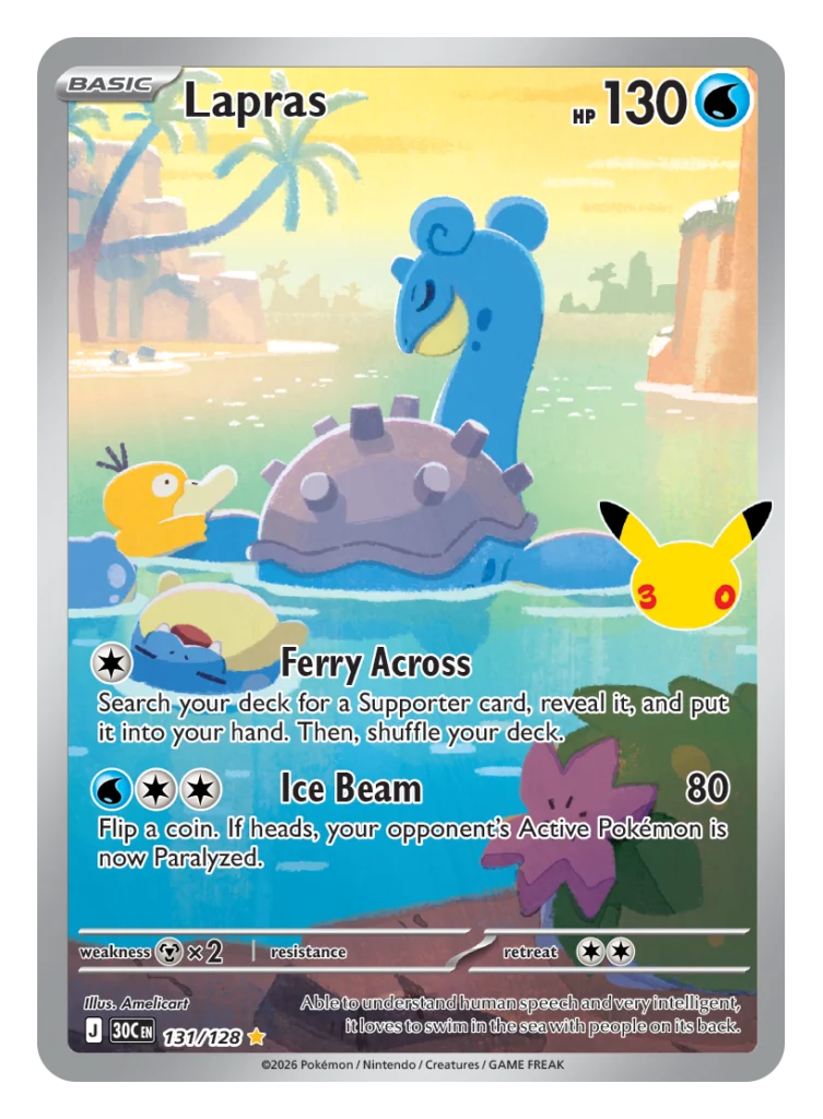 Pokémon TCG 30th Celebration Lapras card 032/128 illustration rare featuring Ferry Across and Ice Beam