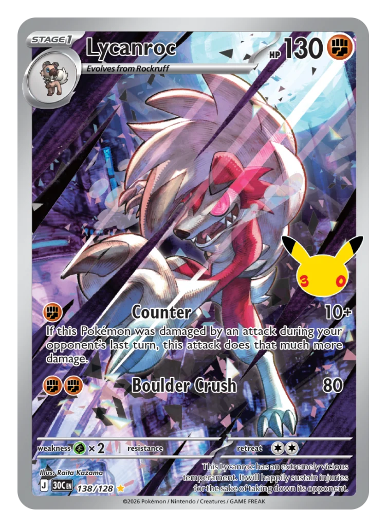Pokémon TCG 30th Celebration Lycanroc Midnight Form card 066/128 featuring Counter and Boulder Crush