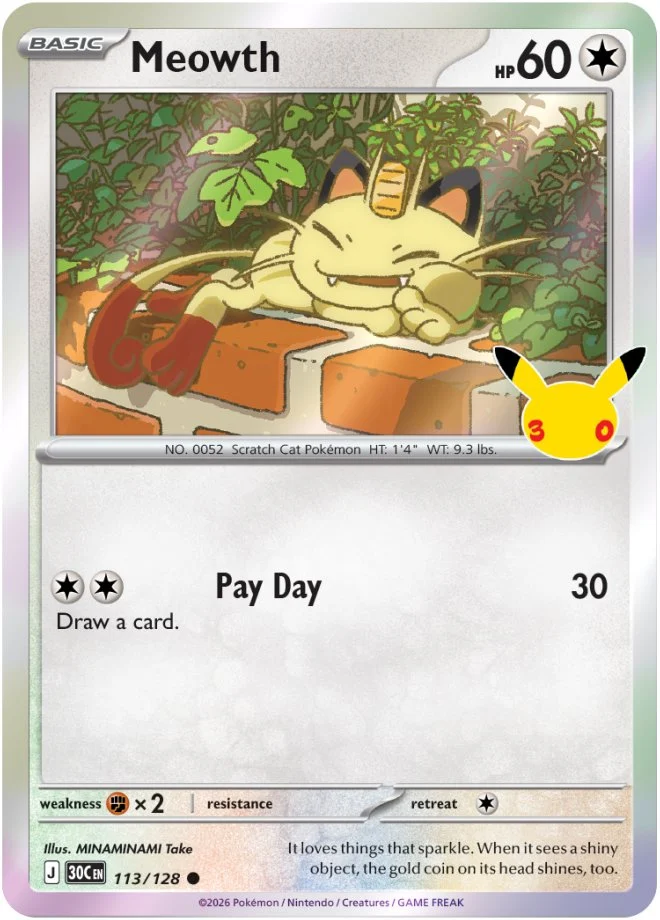 Pokémon TCG 30th Celebration Meowth card 113/128 featuring Pay Day attack