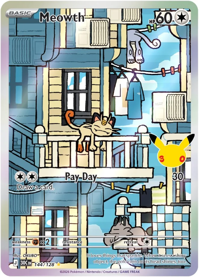 Pokémon TCG 30th Celebration Meowth card 114/128 illustration rare featuring Pay Day on a city balcony