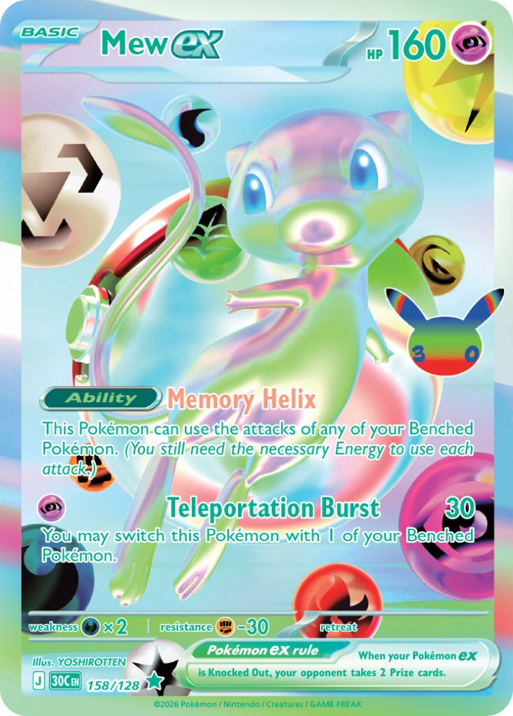 Pokémon TCG 30th Celebration Mew ex card 052/128 special illustration rare featuring Memory Helix ability and Teleportation Burst