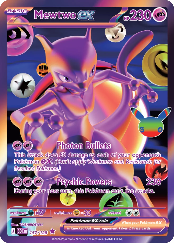 Pokémon TCG 30th Celebration Mewtwo ex card 057/128 special illustration rare featuring Photon Bullets and Psychic Powers
