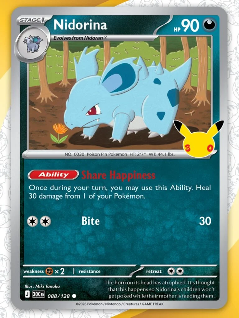 Pokémon TCG 30th Celebration Nidorina card 068/128 featuring Share Happiness ability and Bite attack