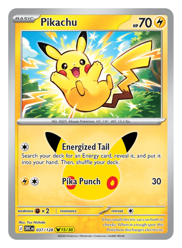 Pokémon TCG 30th Celebration Pikachu card 037/128 featuring Energized Tail attack illustrated by Yuu Nishida