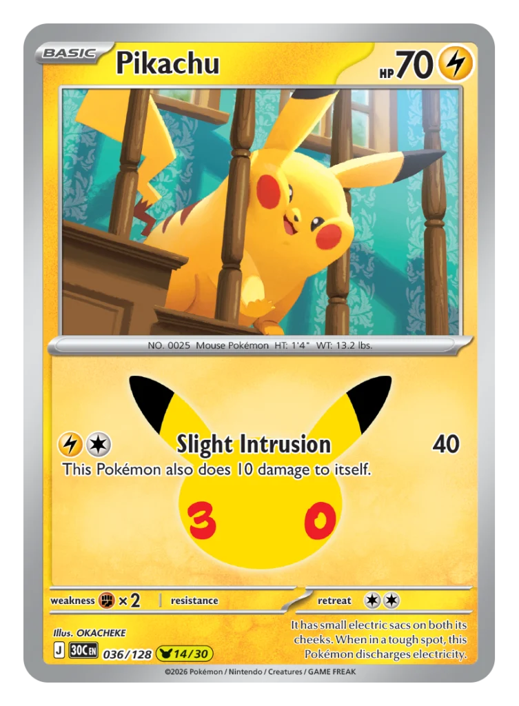 Pokémon TCG 30th Celebration Pikachu card 036/128 featuring Slight Intrusion attack illustrated by OKACHEKE