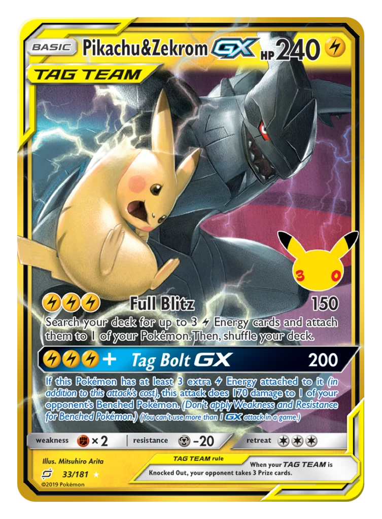 Pokémon TCG 30th Celebration Pikachu and Zekrom GX TAG TEAM promo card featuring Full Blitz and Tag Bolt GX