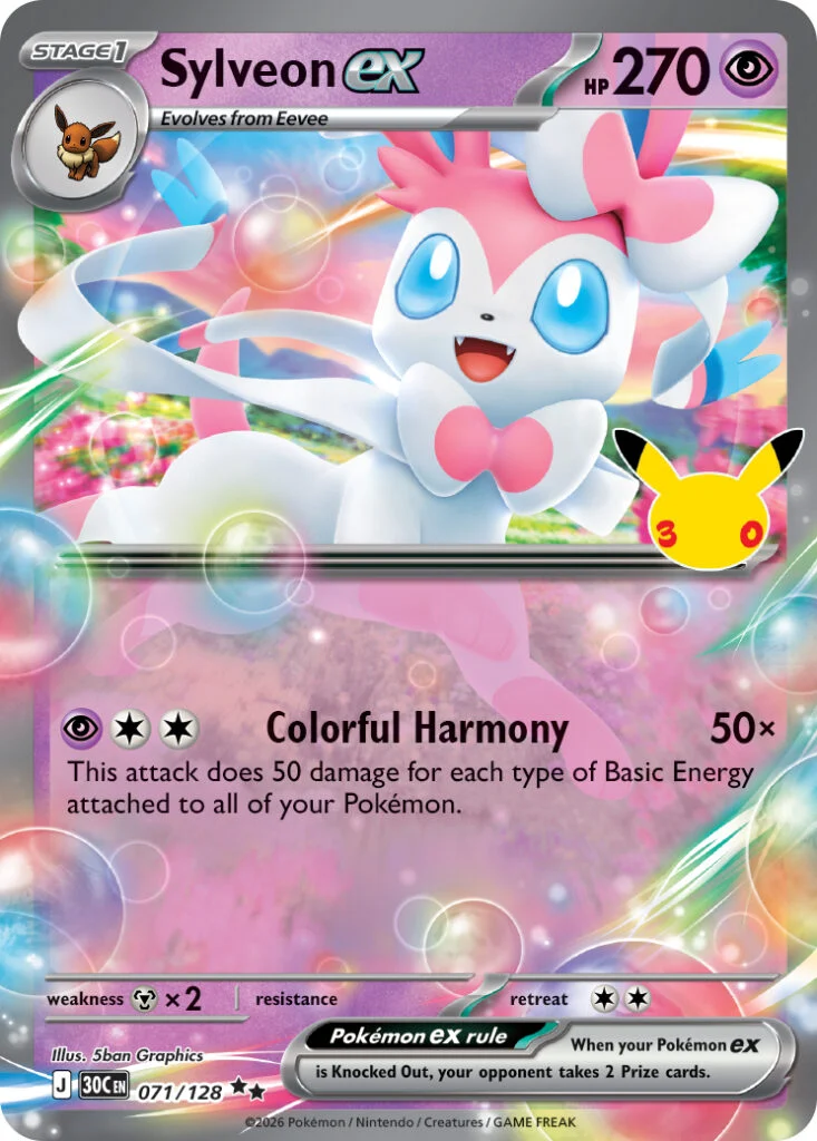 Pokémon TCG 30th Celebration Sylveon ex card 071/128 featuring Colorful Harmony attack illustrated by 5ban Graphics