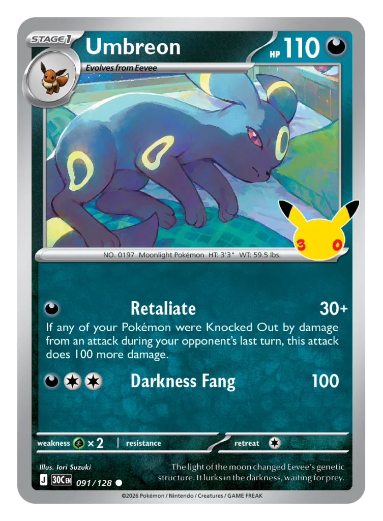 Pokémon TCG 30th Celebration Umbreon card 077/128 featuring Retaliate and Darkness Fang attacks