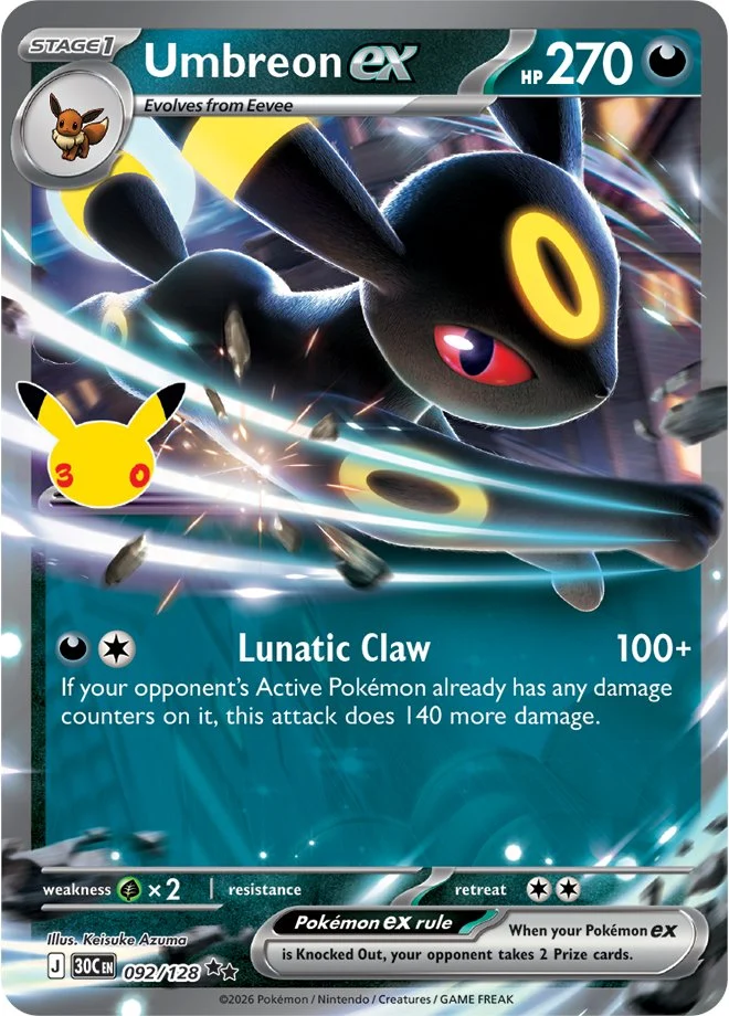 Pokémon TCG 30th Celebration Umbreon ex card 078/128 featuring Lunatic Claw attack