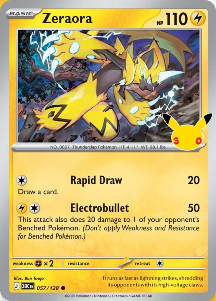 Pokémon TCG 30th Celebration Zeraora card 057/128 featuring Rapid Draw and Electrobullet attacks illustrated by Bun Toujo