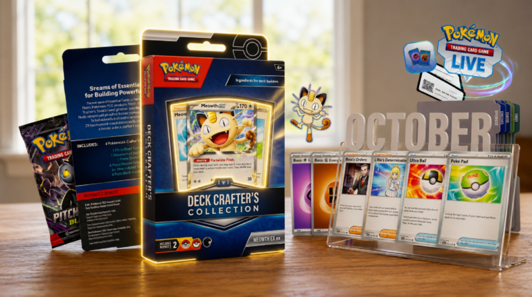 Pokémon TCG Deck Crafter's Collection box featuring Meowth ex promo card, Pitch Black booster pack, and staple Trainer cards