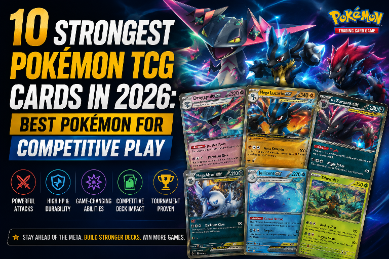 Illustration of Lucario ex and other strongest Pokémon TCG cards for competitive play in 2026.